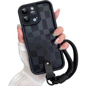 SOKAD for iPhone 16 Pro Max Case, Cute Checkered Checkerboard Pattern Phone Case with Wrist Strap for Girls Women, Slim Soft Silicone Camera Protection Shockproof Case Cover, Black