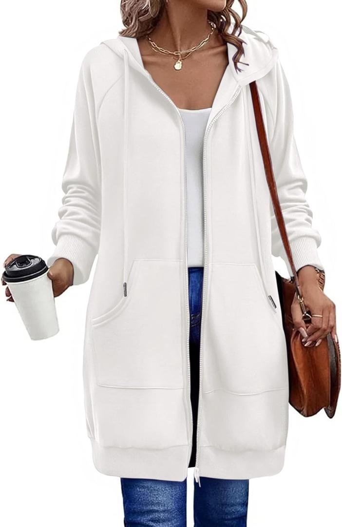 Zeagoo Women's Zip Up Hoodies Long Sleeve Long Tunic Sweatshirts Oversized Fleece Casual 2025 Fall Jacket Coat with Pocket (Medium, White)