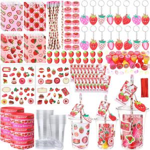 Colarr 161 Pcs Strawberry Party Favors Set Includes Gift Cup Notebook Pencil Sharpener Eraser Keychain Bracelet Sticker Card Summer Strawberry Stationery Gift for Kids Back to School Supplies