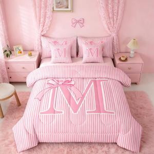Feelyou Pink Bow Comforter Set with Sheets 7 Piece King Size Dreamy Princess Bow Bedding Set for Kids Boys Girls Personalized Letter M Bed in a Bag Room Decor Soft Microfiber