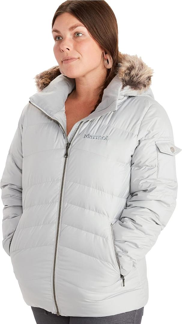 MARMOT Women's Ithaca Jacket - 700-Fill Down-Insulated, Water-Resistant Coat with Zip-Off Hood and Removable Fur Ruff (Glacier Grey), Small
