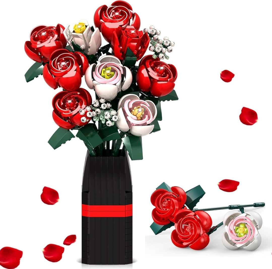2 x Flower Bouquet Building Set, Artificial Roses Toy Building Set with Vase, Building Blocks Flower Brick Toys for Home Office Decoration, Ideal Gift for Mom, Girlfriend and Kids, 841 PCS