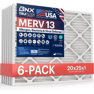 BNX TruFilter 20x25x1 Air Filter MERV 13 (6-Pack) - MADE IN USA - Electrostatic Pleated Air Conditioner HVAC AC Furnace Filters for Allergies, Pollen, Mold, Bacteria, Smoke, Allergen, MPR 1900 FPR 10