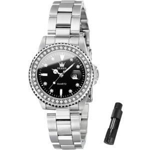 OLEVS Womens Watch Elegant Dress Diamond Analog Quartz Watch Two Tone Stainless Steel Waterproof Luminous Wristwatch (9945 Sliver Band/Black Face)
