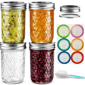 Mason Jars 8 oz Wide Mouth, 4 Pack with Airtight Lids - Food Grade Glass, Free Brush & Stickers for Food Storage, Canning, DIY Gifts