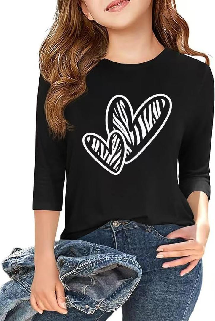 Kids Valentines Day Graphics Tees 3/4 Sleeve Crew Neck Heart Graphics Casual Tee Holiday Matching Tops