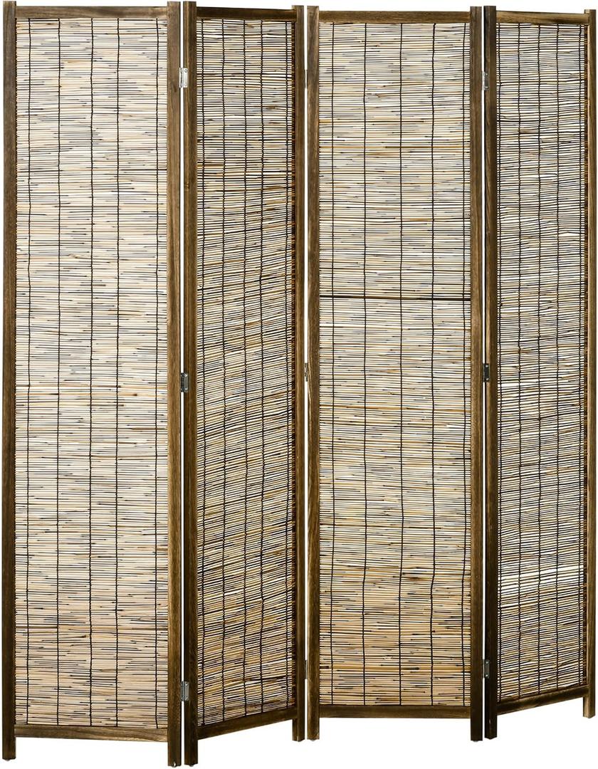 HOMCOM 4 Panel Room Divider, 5.5 Ft Portable Folding Privacy Screens, Reed Hand-Woven Freestanding Partition Wall Dividers for Home Office, Carbonized