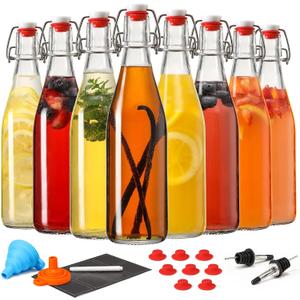 8 Set 16 OZ Swing Top Glass Bottles - Flip Top Beer Brewing Bottles with Stopper for Fermentation, Kombucha, Mead Kefir, Vanilla Extract, Juice, Tea, Wine, Soda - Airtight Cap Lids, Bonus 2 Pourers