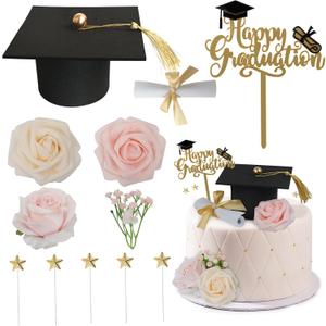 Graduation Cake Toppers - Graduations Cap Diploma Flowers Congrats Grad Cake Decorations for 2025 High School College Senior Girl Women Graduation Supplies