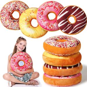 4 Pcs Donut Pillow 3D Digital Print Round Throw Pillow 16 Inches Donut Seat Back Stuffed Cushion Funny Decorative Soft Plush Food Stuffed Decor Seat Pad Cushion for Couch Chair Floor Sofa, 4 Styles