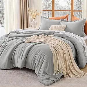 MUXHOMO Queen Comforter Set, All Season Ultra Soft Down Alternative Bedding  3 Piece Lightweight Bed Set Includes 1 Comforter (90"x90") and 2 Pillow Shams (20"x26"), Dark Linen