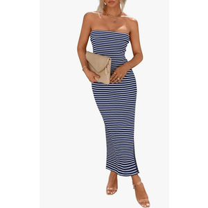 PRETTYGARDEN Women's Summer Bodycon Maxi Tube Dress Ribbed Strapless Side Slit Long Going Out Casual Elegant Party Dresses, Size -L