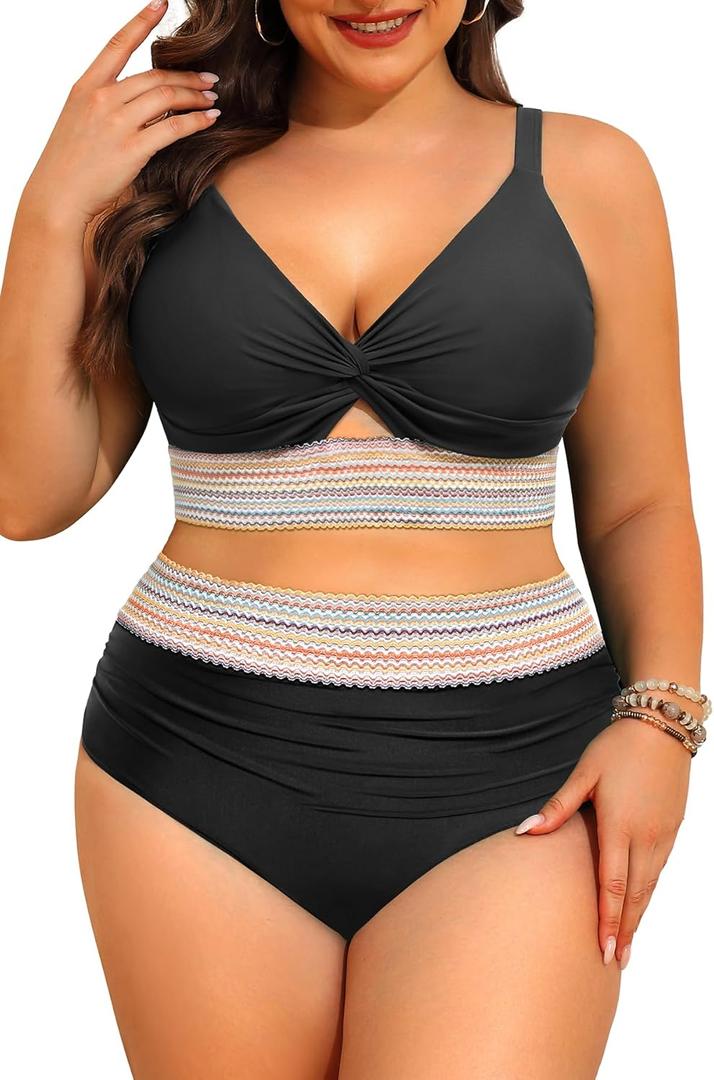 Daci Plus Size Two Piece Swimsuits - High Waisted Bikini for Women Tummy Control Bathing Suits Knot Twist Swimwear 2025 (Black) 22W