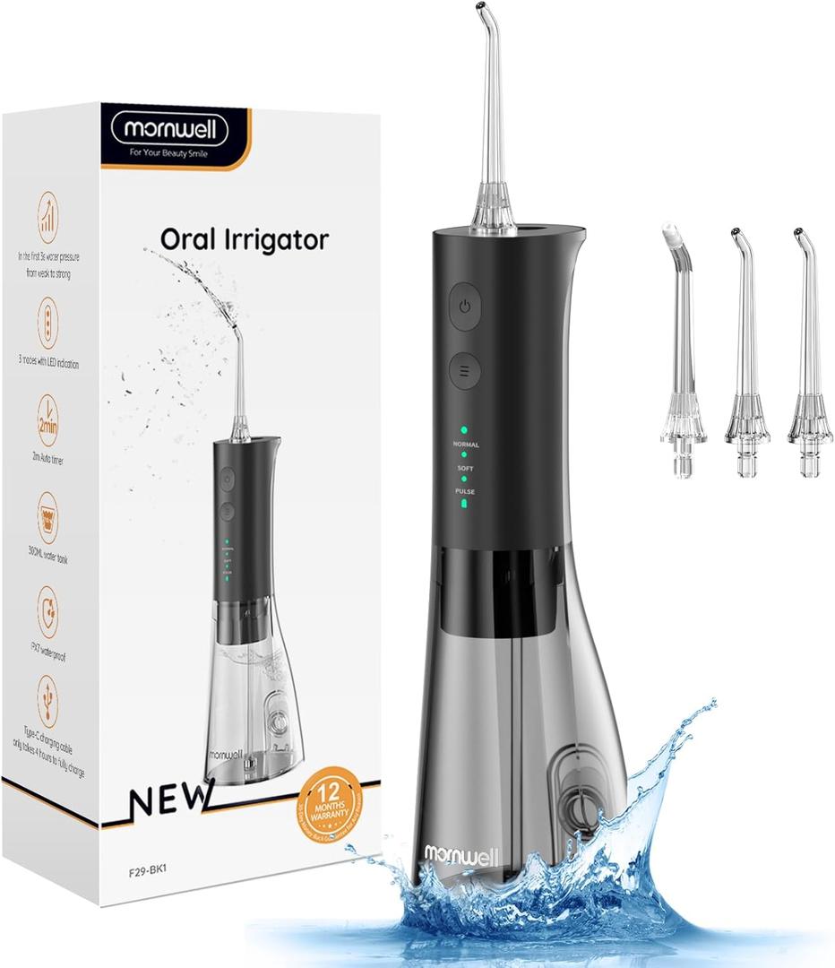 Water Flossers for Teeth, 300ML Cordless Water Flosser, Mornwell 3s Pressure Crescendo Oral Irrigator, Professional Rechargeable Portable Water Flosser (Gray-black)
