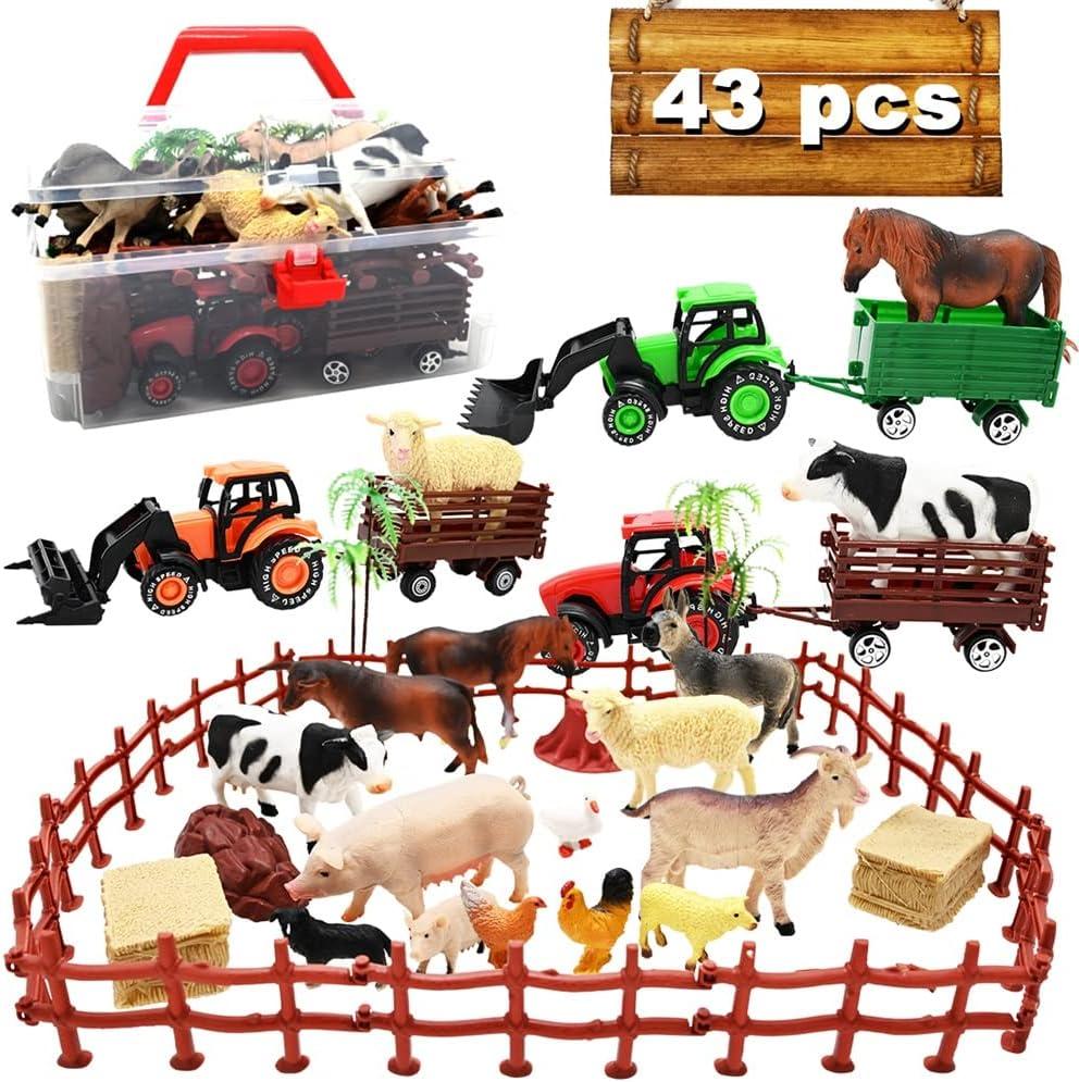 Kimicare Farm Toy Tractor with 40pcs Plastic Farm Animals Figurines and Fence Farm Playset, Farm Figures Farmer Vehicle Toy Truck with Trailer Birthday Gifts Christmas Stocking Stuffers