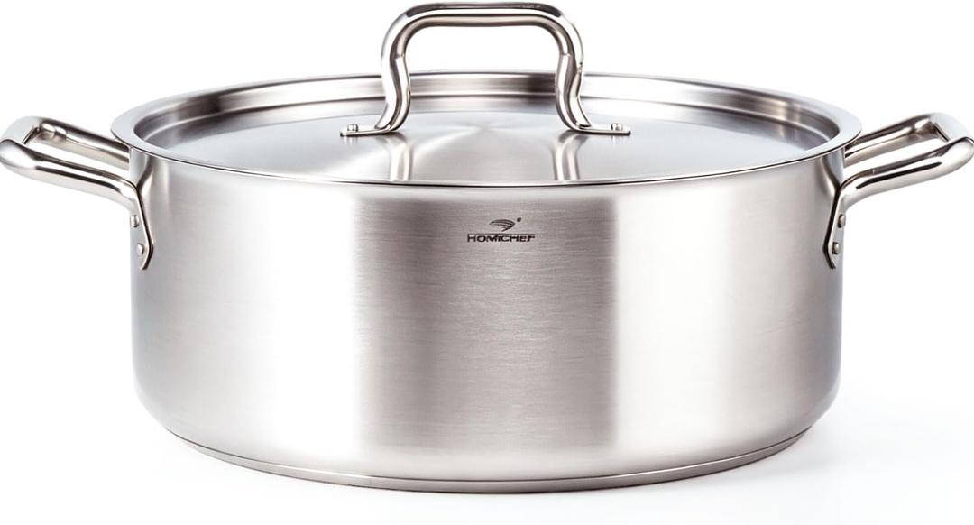 HOMICHEF 19 Quart LARGE Stainless Steel Braiser Pan with Lid - Commercial Grade NICKEL FREE Matte Polished Stainless Steel Braiser Pot 19 QT - Heavy Weight Braising Pan Non Toxic Induction