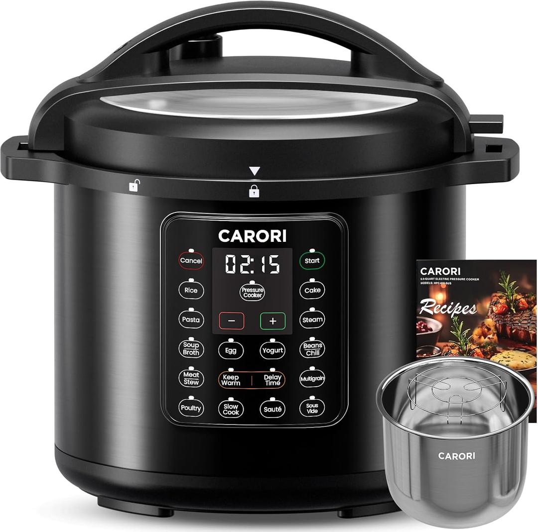 CARORI 1200W 12-in-1 Electric Pressure Cooker 8Qt, Stainless Steel Pressure Cooker, Slow Cook Rice Cooker Steamer Sauté, Yogurt Maker, Warmer & Sterilizer with Recipe, Safer Venting Design, Black