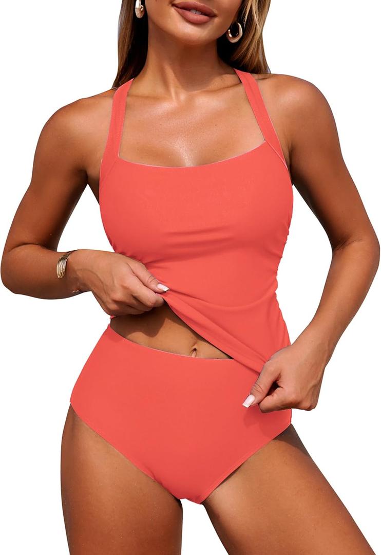 ZAFUL Women's Tankini Swimsuits Tummy Control Swimwear Two Piece Bathing Suits Swim Top with High Waisted Bottom (Pink, XL)