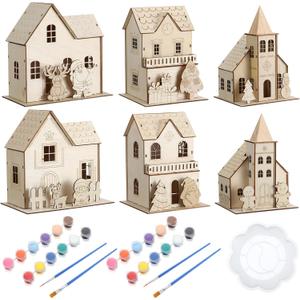 Thyle 6 Set Christmas Wooden House Kit for Craft DIY Christmas Village Unfinished Wooden Gingerbread House Make Your Own 3D Houses Xmas Painting Gift Craft Activity Creative DIY Art Decoration Project