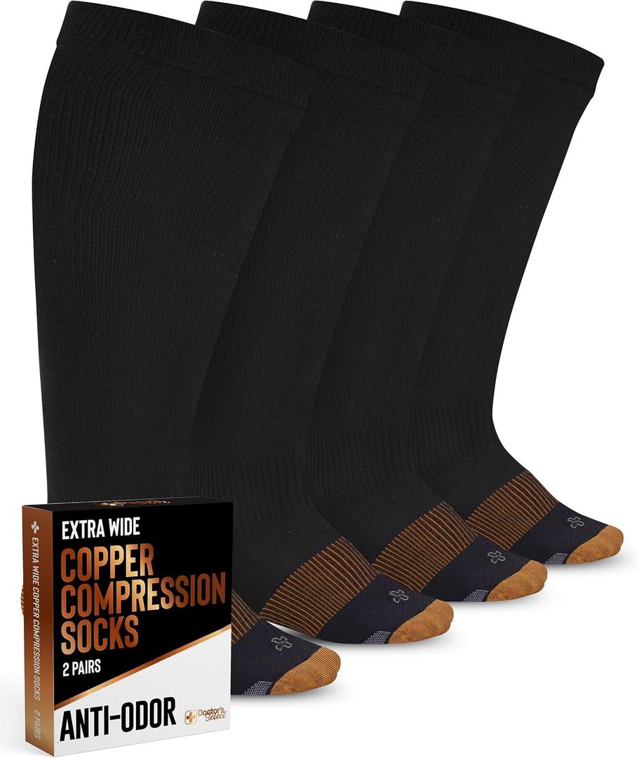 Doctor's Select Copper Plus Size Compression Socks Wide Calf - 2 Pairs | 20-30mmHg Extra Wide Calf Compression Socks Women Copper for Swelling, Varicose Veins | Black 3XL