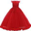 Girls Embroidery Flower Lace Long A Line Pageant Dress Floor Length Princess Prom Tulle Maxi Gown for Wedding Party Birthday (Red, S)