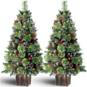 Jin&Bao 4FT Potted Christmas Tree with 100 Lights, 2 Pack Artificial Xmax Tree Timer Function with Round Pine Cones & Red Berries, 3AA Battery Operated Christmas Decorations for Outdoor, Porch