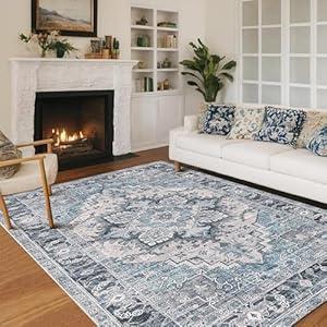 Kokia Washable Area Rugs 8x10 Living Room Boho Non Slip Thin Carpet Stain Resistant Vintage Blue Printed Oriental Foldable Distressed Rug for Bedroom Kitchen Indoor House