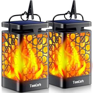 TomCare Solar Lanterns Outdoor Upgraded Flickering Flame Waterproof Hanging Lanterns Decorative Solar Powered LED Christmas Lights for Patio Deck Yard, 2 Pack (Black)