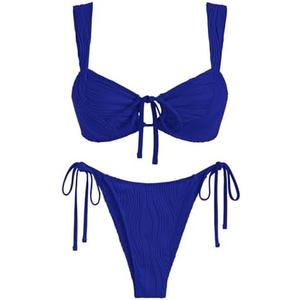 ZAFUL Women's Cinched Bikini Solid Color Wave Textured Knotted Tied Side Two Piece Swimsuit Bathing Suits M