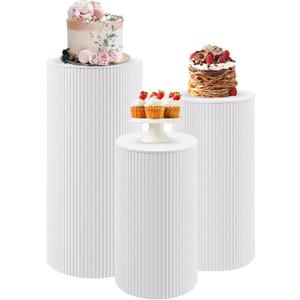 JALANCY Metal Pleated Cylinder Pedestal Stands for Party, 3 Pieces Heavy Duty Round Cake Pedestal Stand Display Plinth Pillars Art Decor for Wedding Ceremony Birthday Party（Large, White）