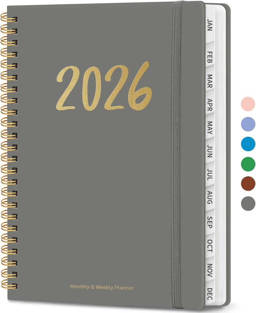 2 x 2026 Planner - Weekly and Monthly Planner, January 2026 to December 2026, Spiral Bound 2026 Calendar Planner Book, Inner Pocket, Perfect for Office Home School Supplies - A5 (6.3" x 8.5"), Stone Gray