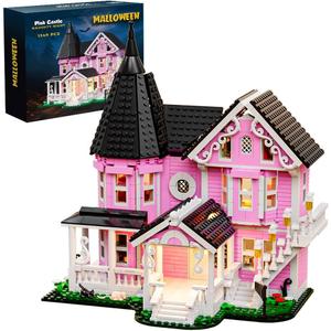 1349PCS Pink Palace House Building Set, Halloween Haunted House Blocks Toy, with Lights Christmas for Teens Girls 12+ Halloween House Kit for Kids Adults
