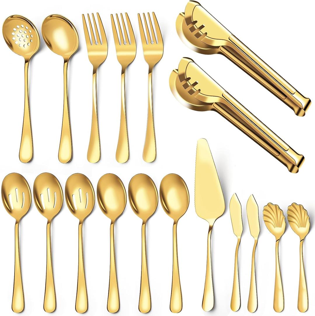Serving Utensils Set for Buffet, 18 Pack Stainless Steel Serveware, Large Spoons, Slotted Spoon, Forks, Tongs, Butter Knife, Shell Spoons, Soup Ladle, Pie Server, for Party Festival Family, Gold
