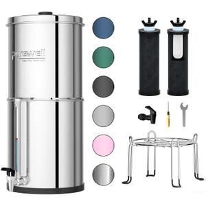 Purewell 3-Stage 0.01m Ultra-Filtration Gravity Water Filter System, 304 Stainless Steel Countertop System with 2 Filters, Metal Water Level Spigot and Stand, Reduces 99% Chlorine, 2.25G, PW-OB-K