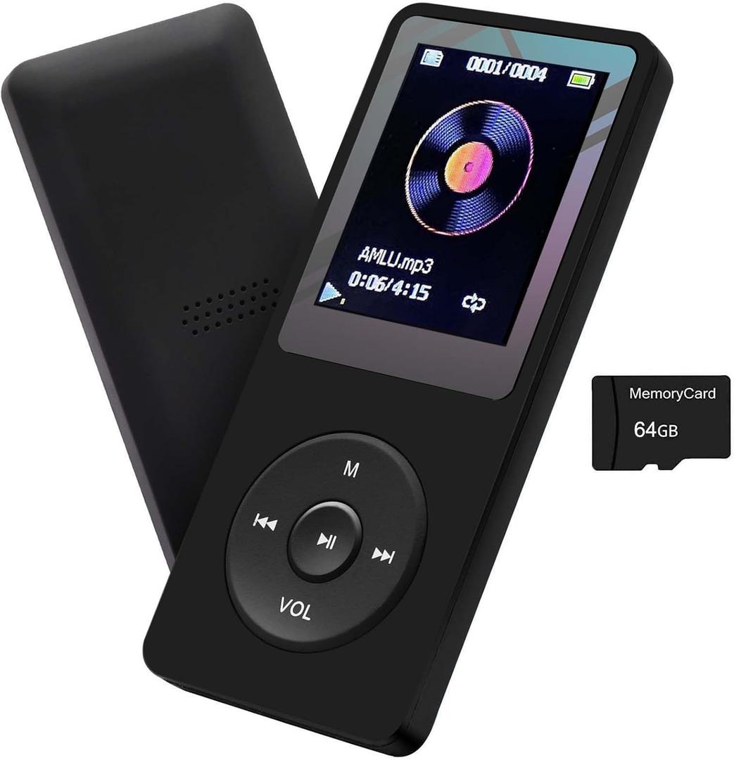 MP3 Player 64GB with Speaker Earphone Portable HiFi Lossless Sound MP3 Mini Music Player Voice Recorder E-Book HD Screen 1.8 inch Black Support up to 128GB