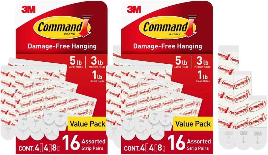Command Replacement Adhesive Strips  8 Small, 4 Medium, 4 Large, Damage-Free Hanging for Hooks and Clips, 16-Count