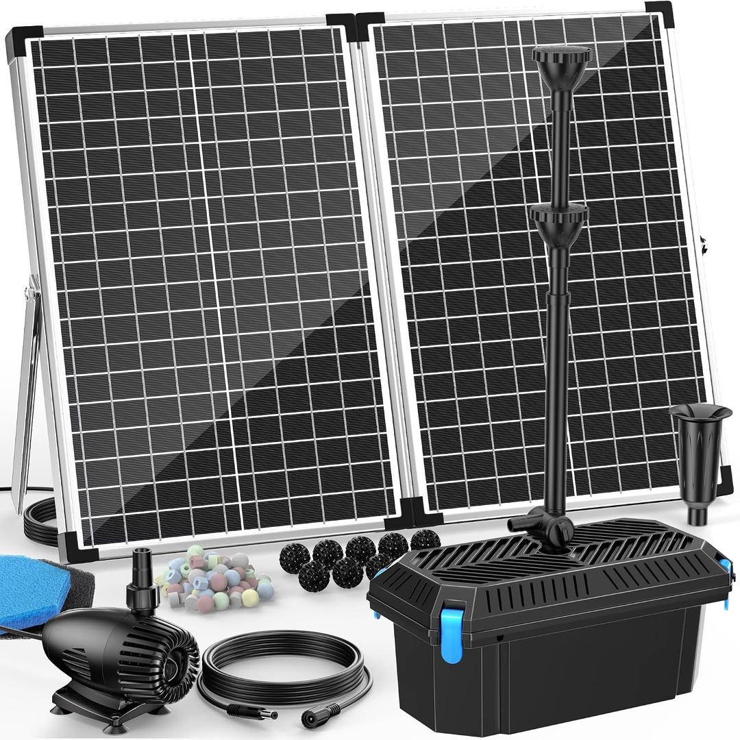 Antfraer 70W Solar Pond Pump with Filter Kit, 27FT Cord Foldable Monocrystalline Solar Panel, 3-Stage Pond Filter for Outdoor Ponds, Koi Ponds, Waterfalls & DIY Water Features
