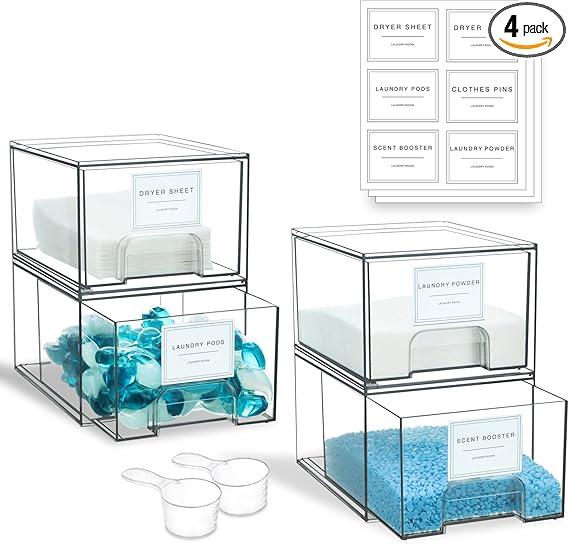 4 Pack Laundry Room Organization and Storage Containers with Labels, Stackable Clear Plastic Storage Drawers for Dryer Sheet Holder, Laundry Pods Container, Laundry Room Decor for Organizing