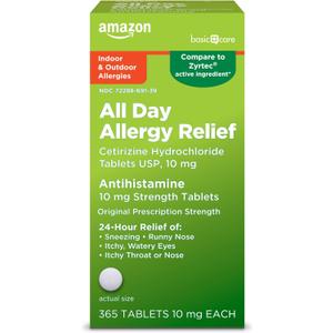 Amazon Basic Care All Day Allergy, Cetirizine Hydrochloride Tablets, Antihistamine, 10 mg, 365 Count EXP: Jan 2026