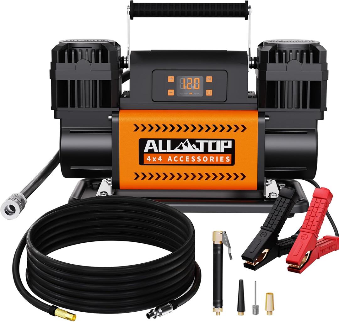 ALL-TOP 12V Air Compressor w/LCD Control Panel to Preset Target Pressure, 150PSI 12.35CFM Air Pump Inflator for Overland (Dual Cylinder) (350 L/Min, Digital Setting Auto-stop)