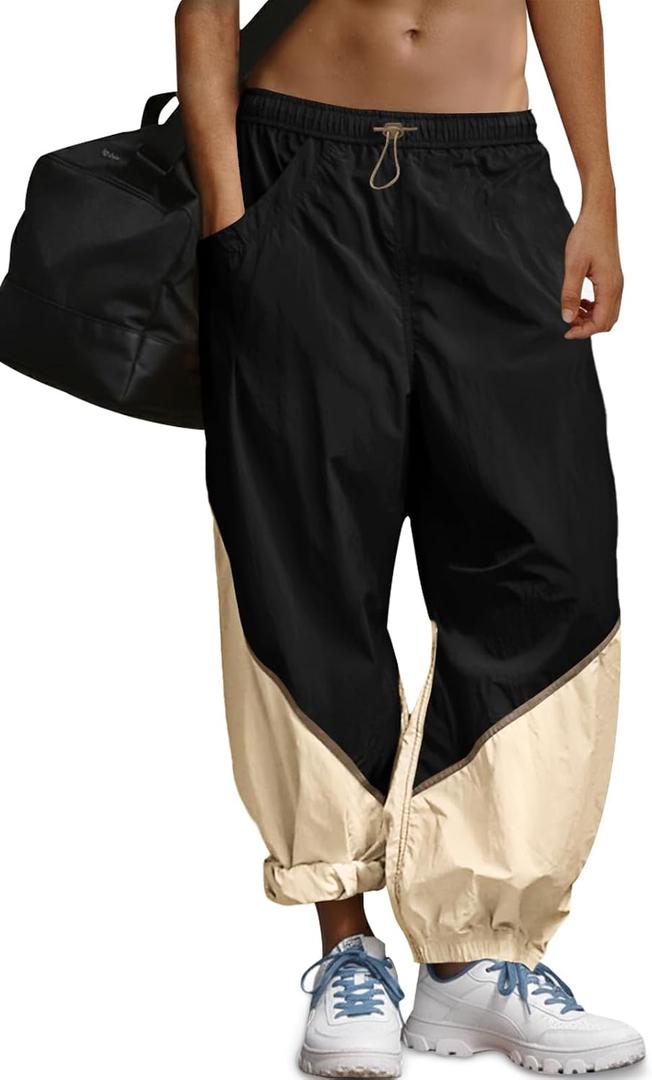 Fisoew Womens Baggy Wide Leg Pants Elastic Waist Track Pants | Color Block, Loose Fit, Workout, Pockets (Black, S)