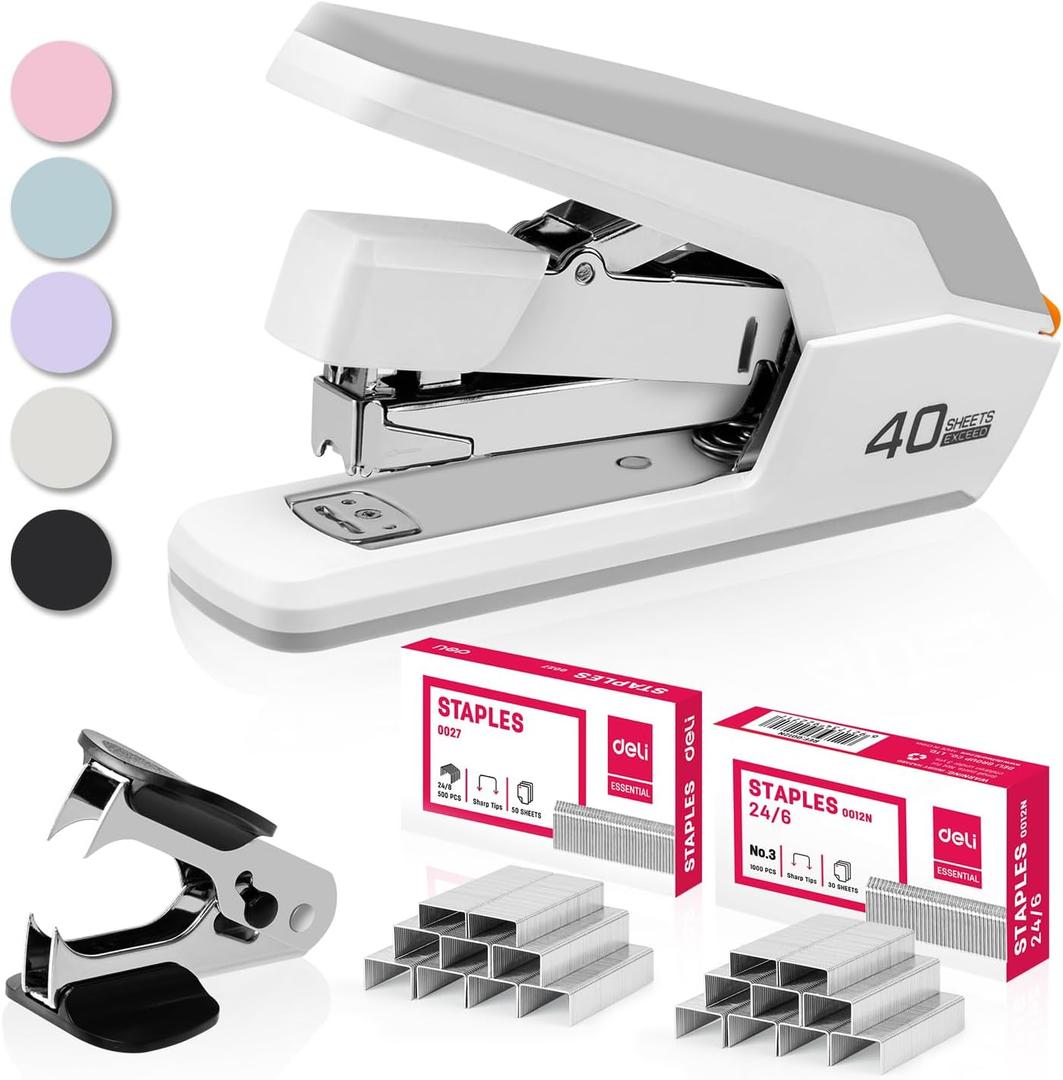 Deli Effortless Desktop Stapler, Heavy Duty Stapler, 40-50 Sheet Capacity, One Finger, No Effort, Includes Staples & Staple Remover, White