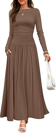 ZESICA Women's Long Sleeve Fall Maxi Dress 2026 Crewneck Knit Casual Slim Swing Pleated Dresses with Pockets Medium