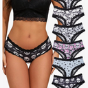 Morvia 6pcs Women Underwear Gothic Sexy Halloween Skulls Roses Allover Print Contrast Lace Hipsters Panties, XXL