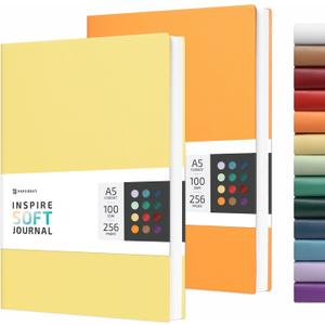 A5 Notebook Soft Cover Journal Lined, Medium Softcover Notebook Vegan Leather Journals for Men Women Writing, Ruled Thick Paper Flexible Junk Diary 256 Pages 2-Pack (Yellow-Orange)