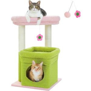PEQULTI Cat Tree Flower Cat Tower for Indoor Cats with Private Cozy Cat Condo, Natural Sisal Scratching Posts and Plush Pom-pom for Small Cats, Pink (27 Sleeping Tree)