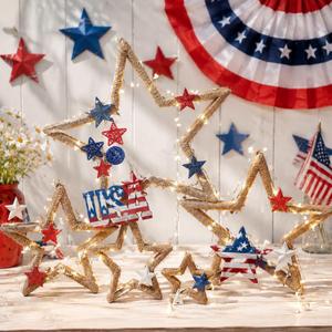 Vercraft 5 Pcs Farmhouse Star Table Decorations Lighted Star Wooden Table Sign Burlap Rope Boho Rustic Tabletop Centerpieces for DIY Crafts Fireplace Shelf Tiered Tray Home Decor