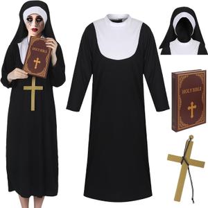 Leumoi 4 Pcs Halloween Nun Costume Women Traditional Nun Outfit with Cross Bible Book Model for Halloween Party (X-Large)