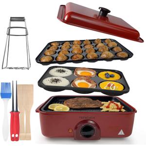3 in 1 Multifunctional Electric Griddle Electric Skillet Nonstick Baking Maker with 3 Interchangeable Pan Takoyaki Maker Cake Pop Maker Pancake Maker Red