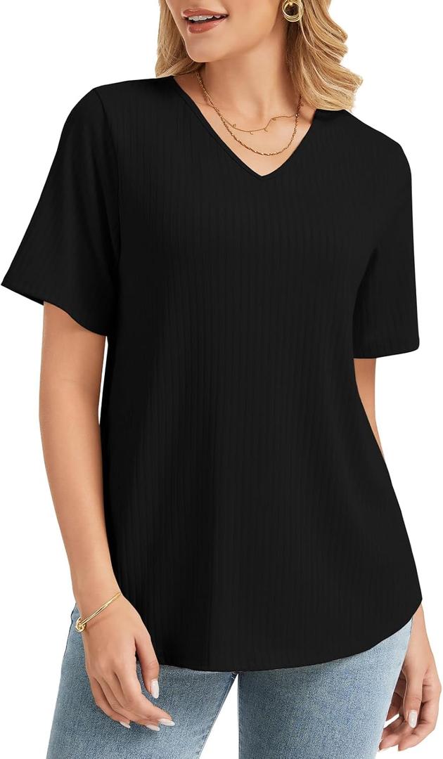 Women Summer Short Sleeve Tunic Tops Shirts V Neck Plus Size Outfits Loose Fit Dressy Casual Business Blouses (Black, XXL)